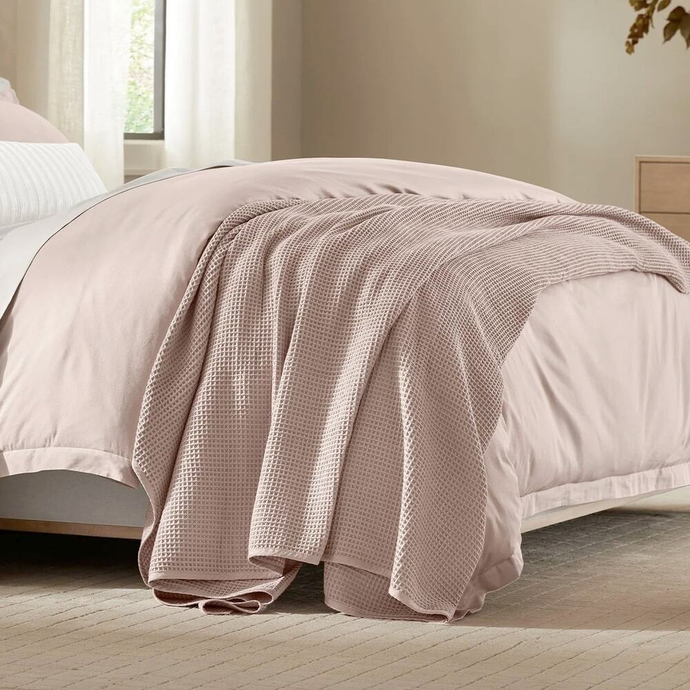 BOLL & BRANCH Waffle Bed Blanket King/Cal King, Blush Organic Cotton *FLAWED*